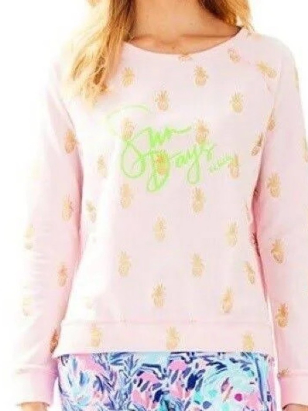Lilly Pulitzer Pink Sweatshirt with Gold Pineapple Print and Green Script